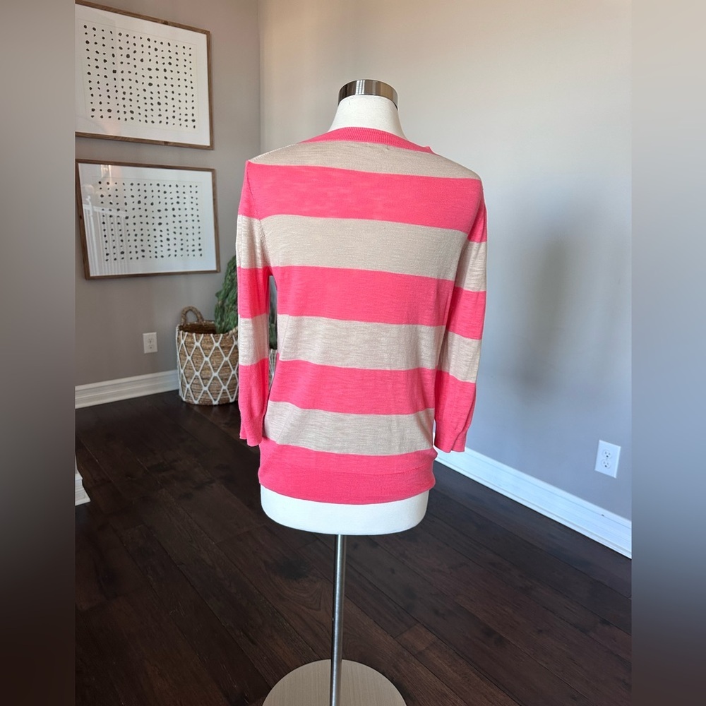 J. Crew Factory Cotton Teddy Crewneck Light 3/4 Sleeve Sweater Coral/Tan Med EUC - Picture 3 of 9